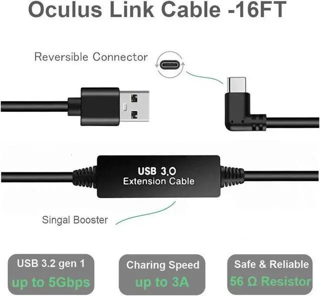Alt view image 2 of 3 - 16FT USB 3.0 Type C Quest Link Cable Fast Charging High Speed Data Transfer VR Streaming Cable Compatible with Oculus Quest Headset Gaming PC