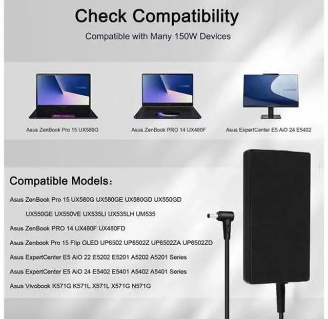 Alt view image 2 of 6 - 150W Laptop AC Power Adapter for ASUS, 19.5V 4.5×3.0mm Center Pin Tip, Compatible with ADP-150CH D A18-150P1A Charger, Replacement for Zenbook & Vivobook Pro Series