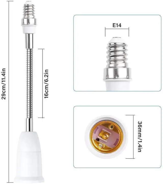 Alt view image 2 of 7 - AJMRTC 2 Pack E14 SES to E27 ES Light Socket Extender, 30CM Flexible Lamp Holder Extension, 360° Adjustable Bulb Base Converter Adapter for Pendant Light, Wall Lamp, Indoor Lighting Fixtures