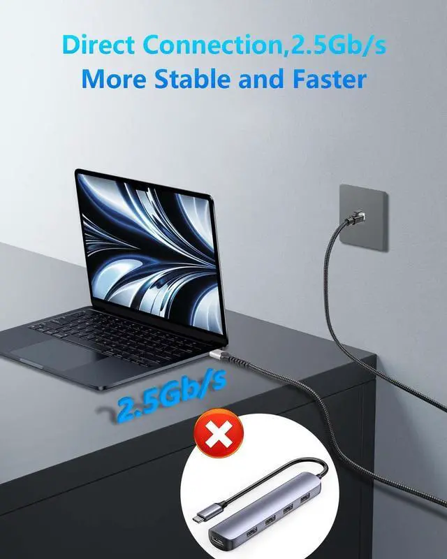 Alt view image 4 of 7 - AJMRTC 1.2M Type C to RJ45 Ethernet Cable, 2.5Gbps USB-C to 2500Mbps LAN Network Adapter, Wired Internet Cord Compatible with MacBook, iPhone 15 Series, Laptop, Steam Deck, Smart TV, Plug & Play