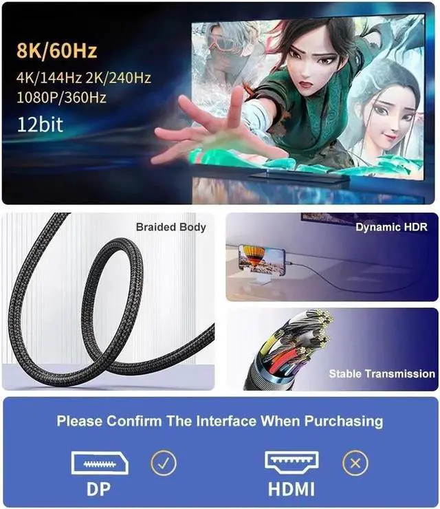 Alt view image 2 of 7 - AJMRTC 2M/6.6FT USB-C to DP 1.4 Cable, 8K@60Hz Thunderbolt 4/3 DisplayPort Cord, Type-C Cable for MacBook Pro/Air, Mac Mini, iPad, iPhone 17, XPS, Galaxy, Windows Laptop, Gaming Monitor, Projector
