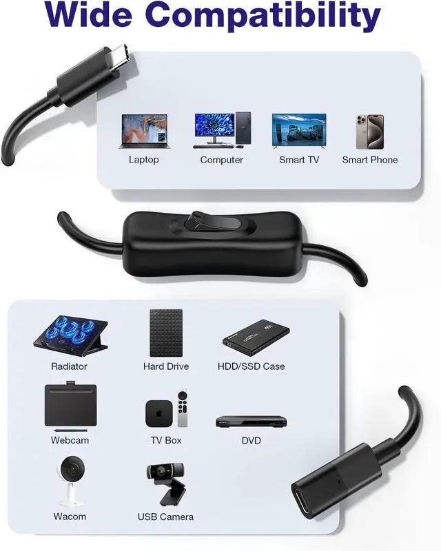 Alt view image 7 of 7 - AJMRTC 1ft USB 3.1 Gen1 Type-C Male to Female Extension Cable with On/Off Power Switch, Full Function USB-C Extender Cord Support 10Gbps Data, 4K Video Output & PD Fast Charging for Laptop Phone Table