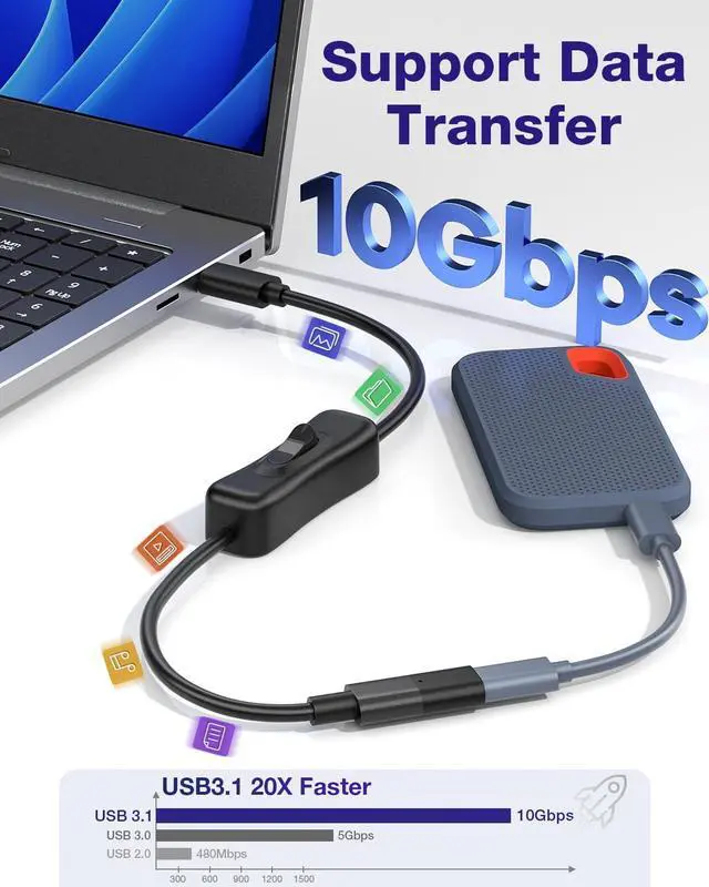 Alt view image 6 of 7 - AJMRTC 1ft USB 3.1 Gen1 Type-C Male to Female Extension Cable with On/Off Power Switch, Full Function USB-C Extender Cord Support 10Gbps Data, 4K Video Output & PD Fast Charging for Laptop Phone Table