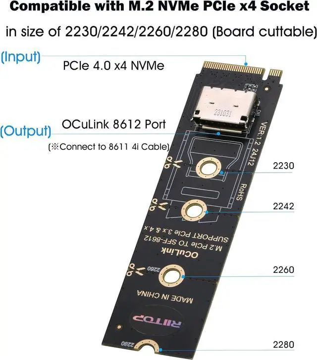 Alt view image 3 of 7 - AJMRTC M.2 NVMe PCIe 4.0 x4 to OCuLink SFF-8611 4i Adapter, NVMe to SFF-8612 Converter Card, External GPU eGPU & High-Speed M.2 SSD Expansion Card