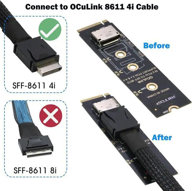 Alt view image 2 of 7 - AJMRTC M.2 NVMe PCIe 4.0 x4 to OCuLink SFF-8611 4i Adapter, NVMe to SFF-8612 Converter Card, External GPU eGPU & High-Speed M.2 SSD Expansion Card