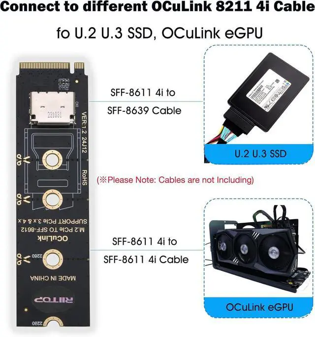 Alt view image 7 of 7 - AJMRTC M.2 NVMe PCIe 4.0 x4 to OCuLink SFF-8611 4i Adapter, NVMe to SFF-8612 Converter Card, External GPU eGPU & High-Speed M.2 SSD Expansion Card