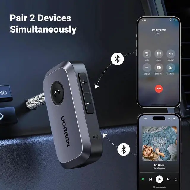 Alt view image 2 of 6 - UGREEN Bluetooth 6.0 3.5mm AUX Audio Receiver with Noise Cancelling Mic, Wireless Car Aux Bluetooth Adapter for Vehicle Stereo Home Wired Speaker Amplifier, 15H Long Play Battery Life