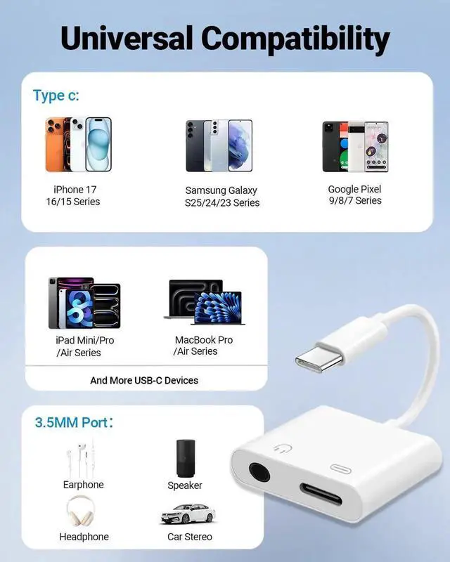 Alt view image 5 of 7 - AJMRTC 2Pack USB C to 3.5mm Headphone Jack Charging Adapter, 2-in-1 Type C Audio Splitter Aux Dongle for iPhone 15/16/17 Pro Max, iPad, Samsung, Pixel USB-C Phones & Tablets