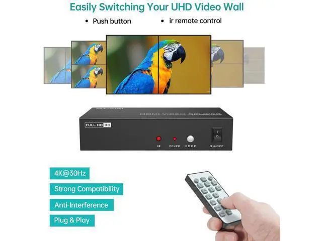 Alt view image 2 of 7 - 2x2 HDMI Video Wall Controller 1 in 4 Out Screen Splicing Processor, 4K@30Hz HDMI Splitter with 8 Splicing Modes, IR Remote RS232 Control & 3.5mm Audio Extractor for 4 LCD TV Monitor Commercial Advert