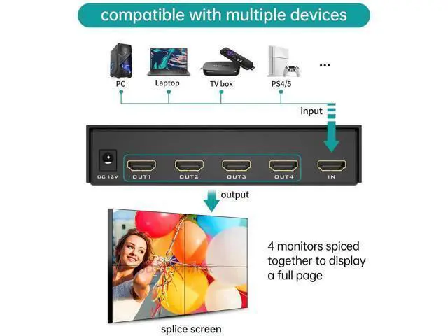 Alt view image 6 of 7 - 2x2 HDMI Video Wall Controller 1 in 4 Out Screen Splicing Processor, 4K@30Hz HDMI Splitter with 8 Splicing Modes, IR Remote RS232 Control & 3.5mm Audio Extractor for 4 LCD TV Monitor Commercial Advert
