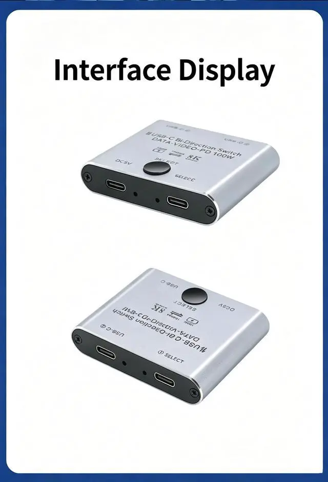 Alt view image 4 of 6 - AJMRTC 2 Port Bi-Directional USB3.1 Gen2 USB-C KVM Switch 2 In 1 Out, TB3 Compatible Type-C Selector, 8K@60Hz Video 10Gbps Data 100W PD Charging, Share Monitor KB Mouse for Dual Mac Windows Laptops