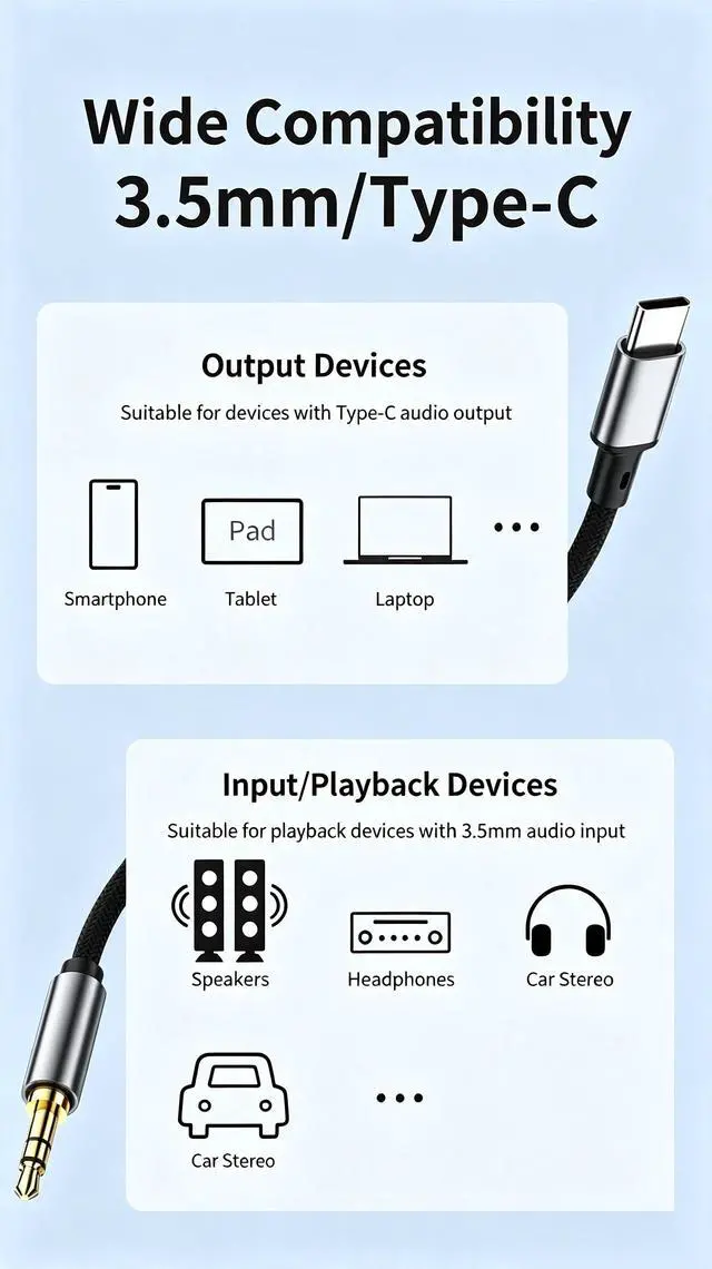 Alt view image 5 of 7 - AJMRTC Braided USB-C to 3.5mm AUX Audio Cable 0.5M (1.64FT), Male to Male Hi-Fi Stereo Aux Cord Noise Isolation, Compatible with iPhone15/16 Samsung Phone Laptop PC Car Stereo Sound Box Headphone Amp