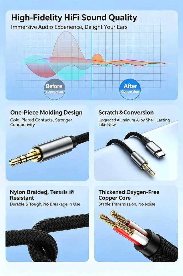 Alt view image 4 of 7 - AJMRTC Braided USB-C to 3.5mm AUX Audio Cable 0.5M (1.64FT), Male to Male Hi-Fi Stereo Aux Cord Noise Isolation, Compatible with iPhone15/16 Samsung Phone Laptop PC Car Stereo Sound Box Headphone Amp