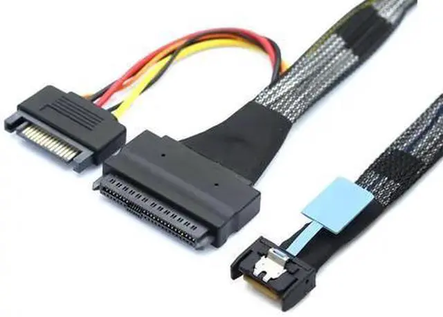 Alt view image 3 of 4 - AJMRTC PCIe Gen5 MCIO SFF-8654 4I to SFF-8639 U.2 NVMe SSD 50CM Cable with 15Pin SATA Power, SlimSAS High Speed Storage Wire for Enterprise RAID Card, Data Center Hot Swap Hard Drive Backplane