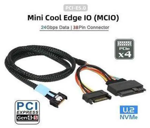 Alt view image 5 of 5 - AJMRTC PCIe Gen5 MCIO SFF-8654 4I to SFF-8639 U.2 NVMe SSD 100CM Cable with 15Pin SATA Power, SlimSAS High Speed Storage Wire for Enterprise RAID Card, Data Center Hot Swap Hard Drive Backplane
