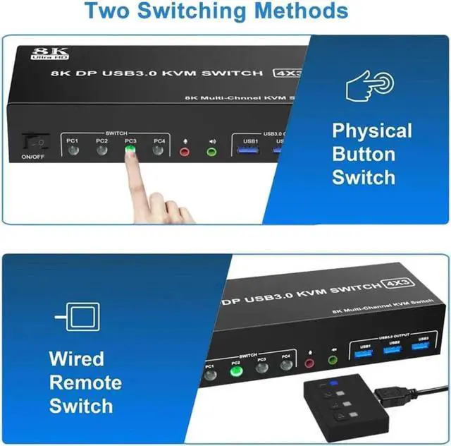 Alt view image 4 of 7 - DP1.4 Triple Monitor KVM Switch 4 PCs 3 Displays, 8K Displayport KVM Switch with Audio Microphone Output & 3 USB 3.0 Ports, USB Keyboard Mouse Peripheral Sharing Switcher