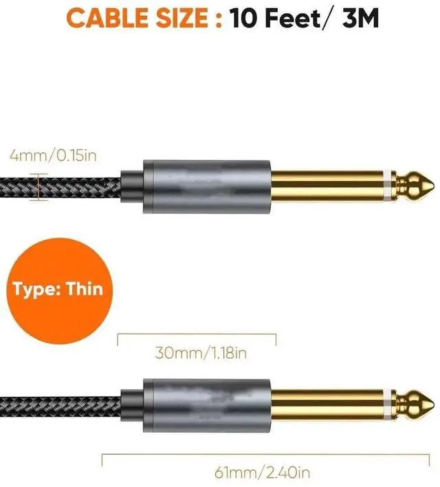 Alt view image 4 of 7 - 10FT/3M Nylon Braided 1/4 Inch TS Guitar Instrument Cable, 6.35mm Straight Male to Male Mono Audio Cord for Electric Guitar Bass Keyboard Mixer Amplifier Speaker Equalizer