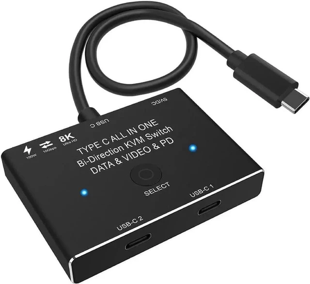 Main image of AJMRTC USB-C KVM Switch 2 in 1 Out / 1 in 2 Out, 8K@60Hz 4K@120Hz Bi-Directional Type-C Switcher, 10Gbps Data, 100W PD Charging, Thunderbolt 3/4 Compatible for 2 PCs Laptops Monitors, with 2 USB-C Cab
