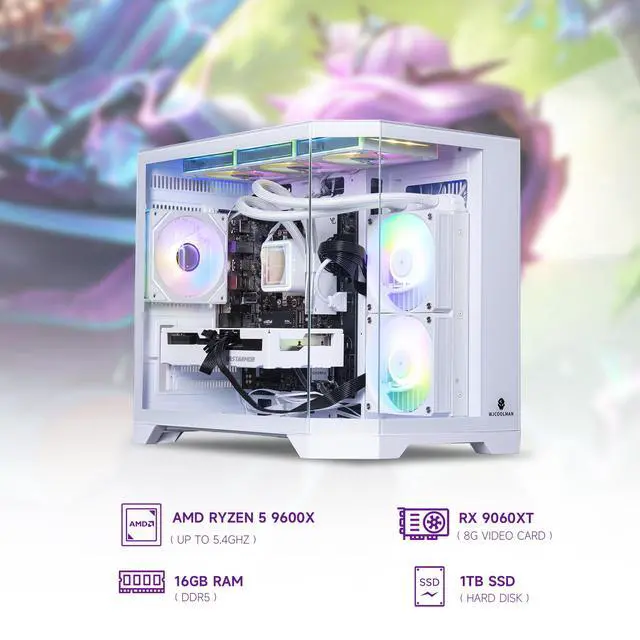 Alt view image 2 of 7 - ICEWOLF white Gaming Desktop PC , Ryzen5 9600X, Radeon RX 9060XT 16G,16GB DDR5 1TB NVMe SSD, 650W GOLD PSU, Wi-Fi,360 Liquid Cooler,ARGB Fans,Windows 11 Home 64-bit ,Prebuilt Gaming Pc New computer