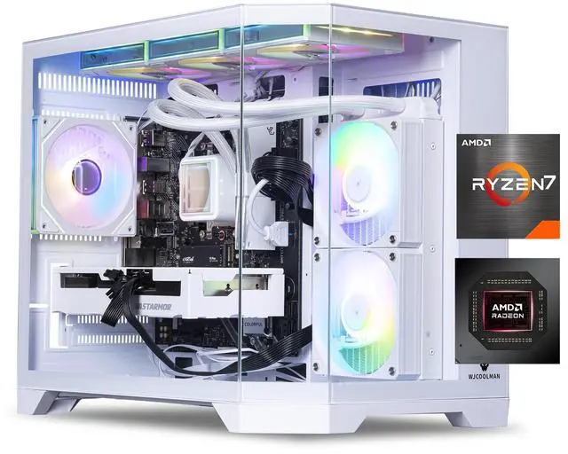 Main image of ICEWOLF white Gaming Desktop PC , Ryzen5 9600X, Radeon RX 9060XT 16G,16GB DDR5 1TB NVMe SSD, 650W GOLD PSU, Wi-Fi,360 Liquid Cooler,ARGB Fans,Windows 11 Home 64-bit ,Prebuilt Gaming Pc New computer