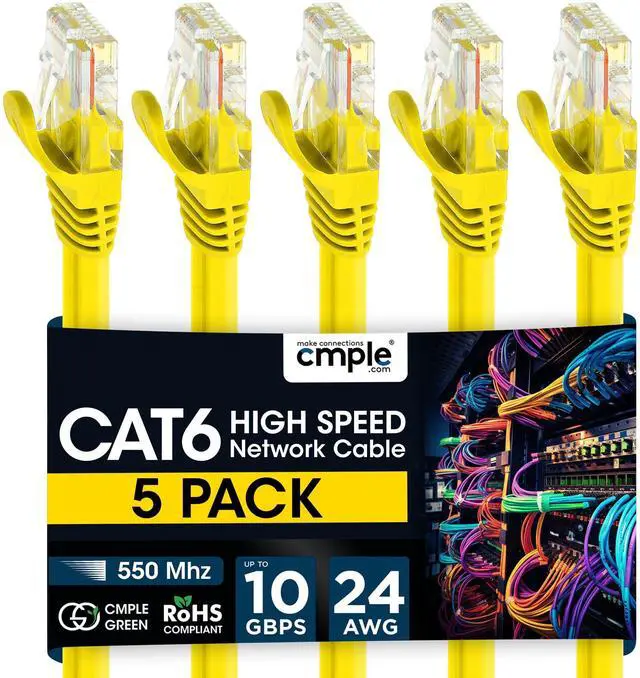 Main image of Cmple 5 Pack Cat6 Ethernet Cable, High Speed Cat6 Internet Network Cable, Ethernet Patch Cables, Computer LAN Cable with Snagless RJ45 Connectors - 15 Feet Yellow (Pack of 5)