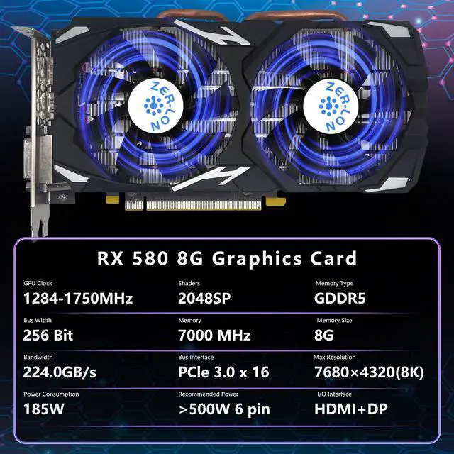 Alt view image 2 of 5 - ZER-LON RX 580 8GB Graphics Card, 2048SP 1289MHz GDDR5 256 Bit Pc Gaming Video Card with Dual Cooling Fan, HDMI, 3*DP, DVI-Output, PCI Express 3.0 Computer GPU for Office and Gaming