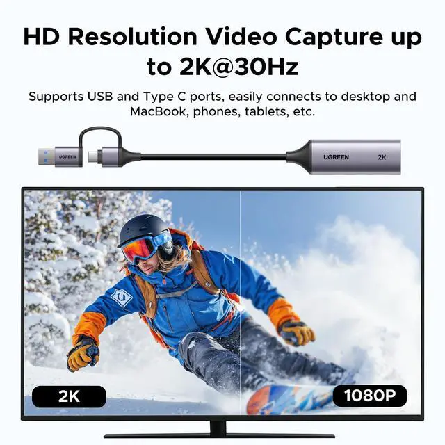 Alt view image 2 of 5 - UGREEN 2K@30Hz Video Capture Card 4K Input HDMI to USB 3.0 A and USB C Capture, 1080P 60FPS with Low Latency Capture Card for Streaming Game Recording Compatible with Switch 2/Xbox/PS4/PS5/PC/Camera