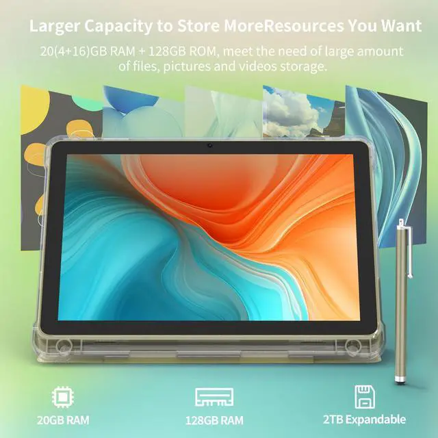 Alt view image 4 of 5 - Android 15 Tablet 10 inch Tablets, 20GB RAM 128GB ROM 2TB Expand, 2.0Ghz CPU Quad-Core Processor Tablet PC with Case and Stylus, 5G WiFi6, BT5.0, 6000mAh Battery, Dual Camera, Widevine L1, GMS, Yellow