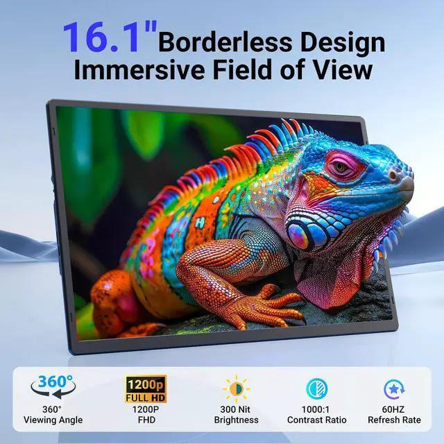 Alt view image 2 of 5 - Ygretyrjh 16.1" Laptop Screen Extender, 1200P FHD Portable Monitor for Laptop, 360° Rotating, Plug & Play, Detachable Stand, Height Adjustable, Seamless Frame, Travel Monitor for Mac/OS/Win/Chrome/Dex