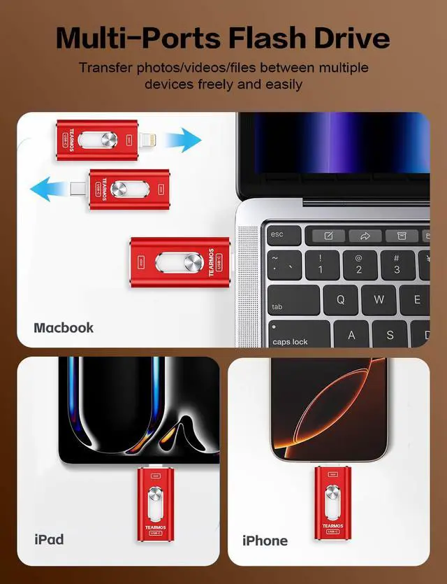 Alt view image 2 of 5 - TEARMOS 256GB Photo Stick for iPhone Flash Drive, Memory Stick Phone Storage for Photos and Videos Files Backup, Compatible with iPhone iPad Android PC, Plug & Play, No App Required (Red)