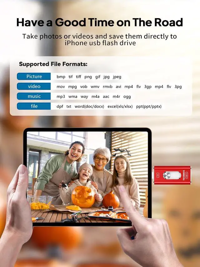 Alt view image 5 of 5 - TEARMOS 256GB Photo Stick for iPhone Flash Drive, Memory Stick Phone Storage for Photos and Videos Files Backup, Compatible with iPhone iPad Android PC, Plug & Play, No App Required (Red)