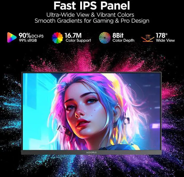 Alt view image 4 of 5 - KOORUI 24.5" Gaming Monitor, 200Hz FHD 1080p IPS Display, 1ms, HDR400, 90% DCI-P3, Adaptive Sync, HDMI & DisplayPort, Black (G2511P)