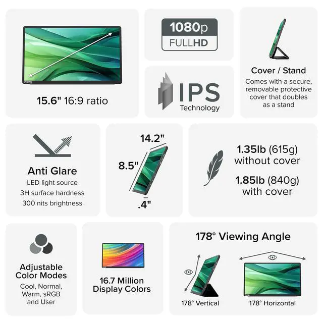 Alt view image 4 of 5 - Plugable USB C Portable 15.6" FHD Monitor & Universal Tablet Stand Bundle: 100W PD Pass-Through, 360 Rotating Stand for Phones & Tablets up to 12.9"