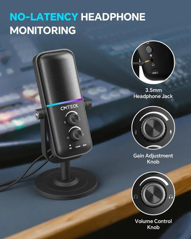 Alt view image 4 of 5 - CMTECK USB Microphone for PC, PS4/PS5, Laptop  Computer Microphone with RGB Lighting, Mute Button, Mic Gain, Plug & Play, 3 Sound Modes for Streaming, Podcasting, Recording
