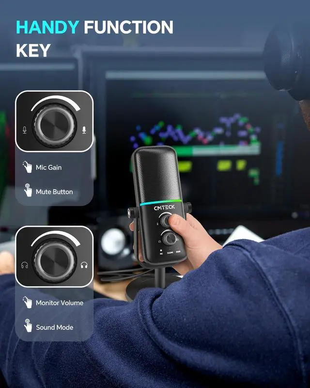 Alt view image 5 of 5 - CMTECK USB Microphone for PC, PS4/PS5, Laptop  Computer Microphone with RGB Lighting, Mute Button, Mic Gain, Plug & Play, 3 Sound Modes for Streaming, Podcasting, Recording