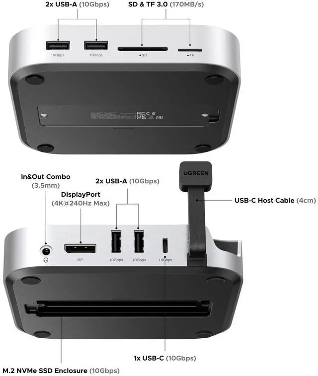 Alt view image 2 of 5 - UGREEN Mac mini M4 Dock and Stand DP Hub for Mac mini M4 and M4 Pro 2024 with M.2 NVMe SSD Enclosure, 4K144Hz DP,10G USB A/C, SD/TF, Audio