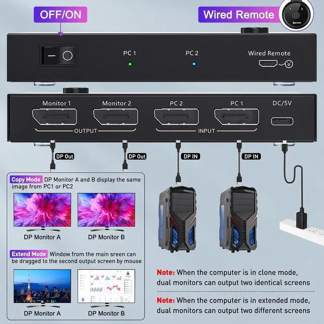Alt view image 4 of 5 - Dual Monitor Switch 4K@60Hz Displayport Switch Dual Monitor for 2 Computer Extended Display 2 Monitors 2 Computers Extend/Copy Display Adapter.(macOS only Supports SST Mode)