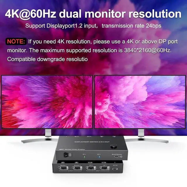 Alt view image 5 of 5 - Dual Monitor Switch 4K@60Hz Displayport Switch Dual Monitor for 2 Computer Extended Display 2 Monitors 2 Computers Extend/Copy Display Adapter.(macOS only Supports SST Mode)