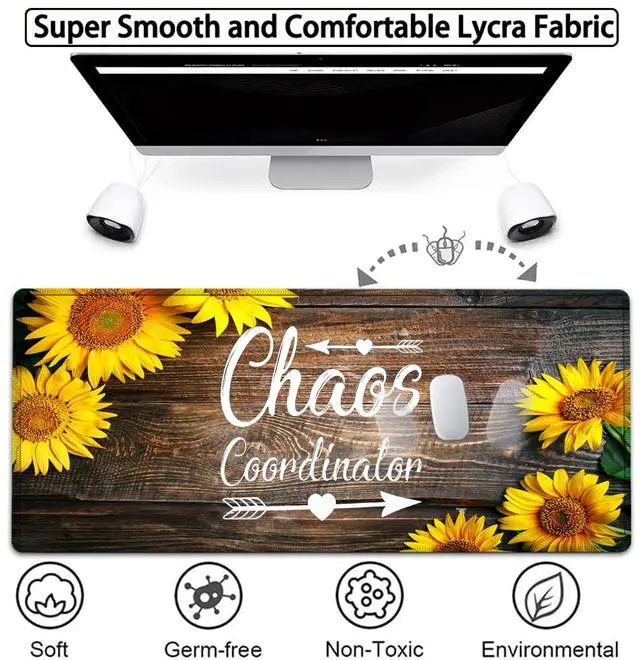 Alt view image 2 of 5 - Large Gaming Mouse Pad, 31.5x11.8 in Extended Computer Mouse Mat with Non-Slip PU Base, Ergonomic Memory Foam Keyboard Wrist Rest, for Work & Gaming, Sunflower Chaos Coordinator Office Desk Pad