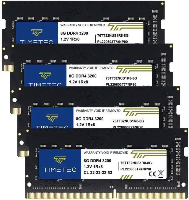 Main image of Timetec 32GB KIT(4x8GB) DDR4 3200MHz (or 2933MHz or 2666MHz) PC4-25600 Non-ECC Unbuffered 1.2V CL22 1Rx8 Single Rank 260 Pin SODIMM Laptop Notebook PC Computer Memory RAM Module Upgrade