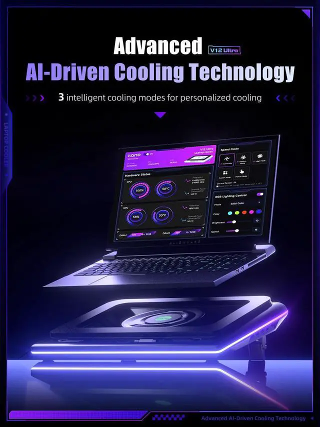 Alt view image 2 of 5 - llano V12 Ultra Laptop Cooling Pad with Smart Software Control, RGB Gaming Laptop Fan Cooler Stand, 5.5" Turbo Fan, Adjustable Speed, 3*USB 3.0 Ports, 3 Height Stands, for 15.6"-19" Laptops, Black