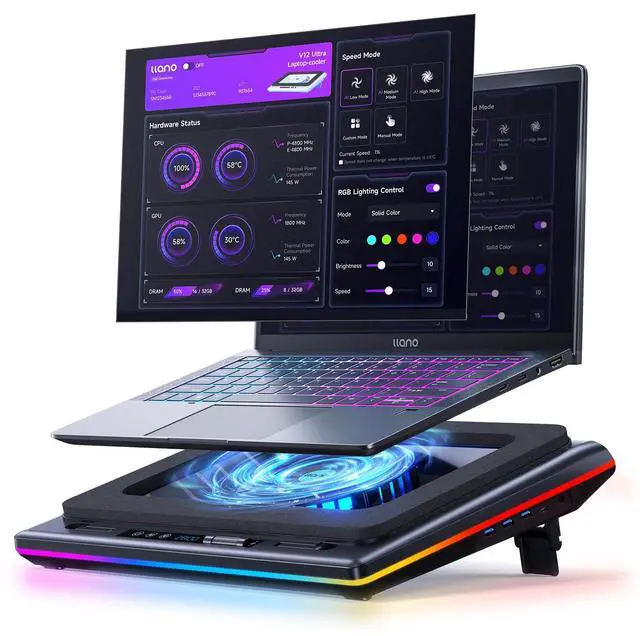 Main image of llano V12 Ultra Laptop Cooling Pad with Smart Software Control, RGB Gaming Laptop Fan Cooler Stand, 5.5" Turbo Fan, Adjustable Speed, 3*USB 3.0 Ports, 3 Height Stands, for 15.6"-19" Laptops, Black