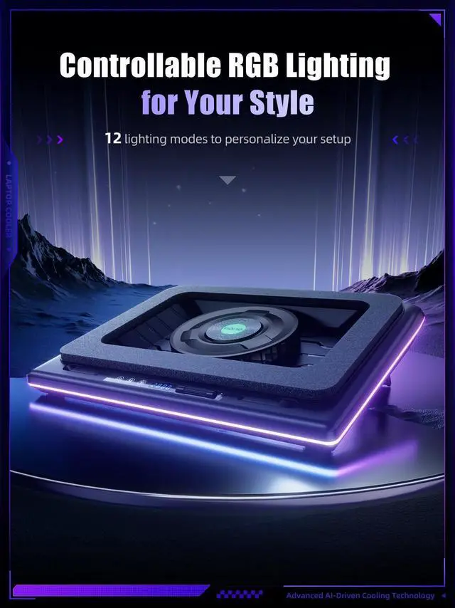 Alt view image 4 of 5 - llano V12 Ultra Laptop Cooling Pad with Smart Software Control, RGB Gaming Laptop Fan Cooler Stand, 5.5" Turbo Fan, Adjustable Speed, 3*USB 3.0 Ports, 3 Height Stands, for 15.6"-19" Laptops, Black