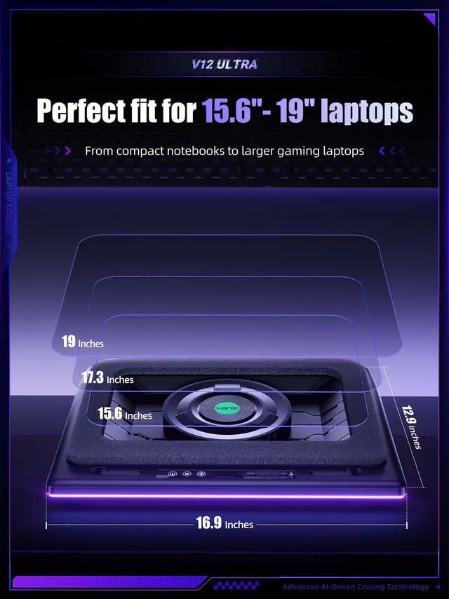 Alt view image 5 of 5 - llano V12 Ultra Laptop Cooling Pad with Smart Software Control, RGB Gaming Laptop Fan Cooler Stand, 5.5" Turbo Fan, Adjustable Speed, 3*USB 3.0 Ports, 3 Height Stands, for 15.6"-19" Laptops, Black