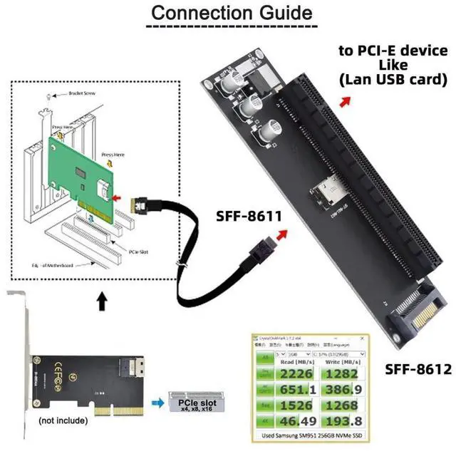 Alt view image 3 of 5 - chenyang Oculink SFF-8611/8612 to PCI-E 4.0 16X PCI Express Expansion Card Adapter with Extra SATA Power for External Graphics Card & SSD