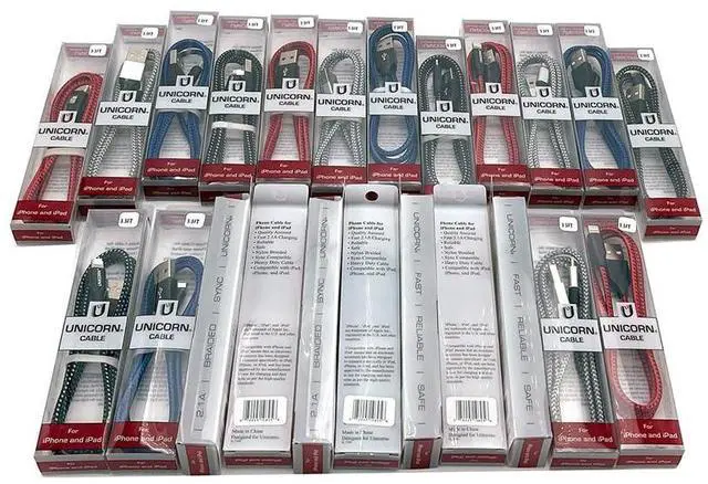 Main image of Unicorn Trade 25 Packs Supreme USB Charging Cables Compatible with iPhone Series 14 or Earlier USB to 8-Pin Charge + Sync Data Braided Cable 3.3ft / 1m Wholesale Bulk Lot