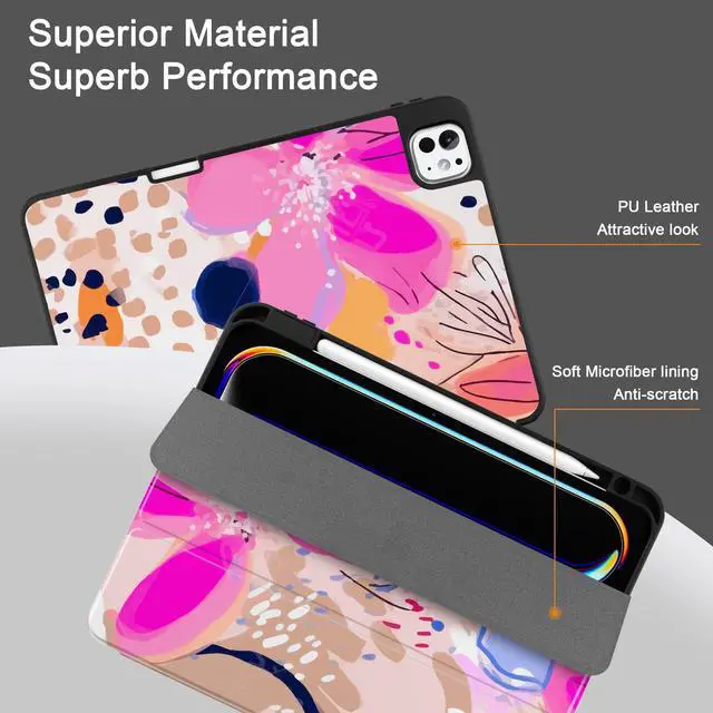 Alt view image 2 of 5 - DONGKE Case for iPad Pro M4 11 inch 2024 5th Gen - [Built-in Pencil Holder] Ultra Thin Soft TPU Back Cover with Trifold Stand Support Auto Wake/Sleep for iPad Pro 11-inch (M4) - Floral Artistic