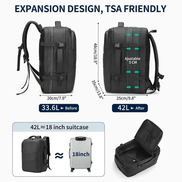 Alt view image 3 of 5 - SUIKIHUM Travel Carry on Backpack, 18.9" Flight Approved, Expandable Weekender Bag with Waterproof USB A/C Port, Equivalent to 18" Suitcase, Black
