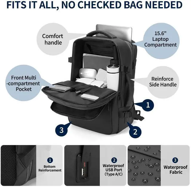 Alt view image 5 of 5 - SUIKIHUM Travel Carry on Backpack, 18.9" Flight Approved, Expandable Weekender Bag with Waterproof USB A/C Port, Equivalent to 18" Suitcase, Black