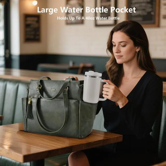 Alt view image 2 of 5 - LOVEVOOK Laptop Tote Bag for Women 15.6 Inch Vintage Leather Work Laptop Bag with Large Water Bottle Pockets, Waterproof Computer Briefcase Teacher Bag for Casual Office Travel